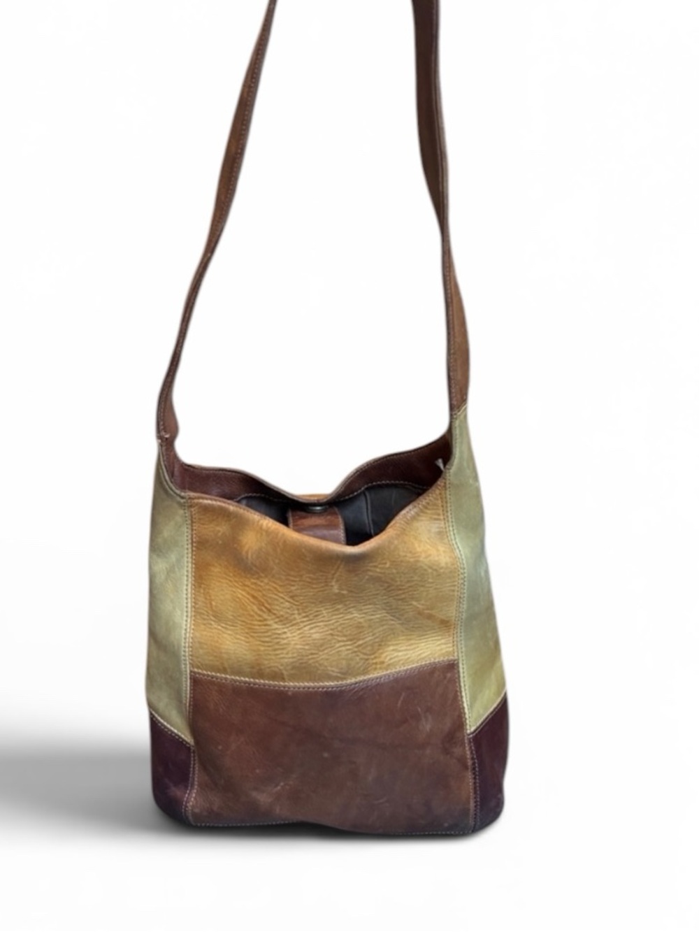 Vintage Frye Leather Patchwork Shoulder Bag Brown/Tan Boho READ